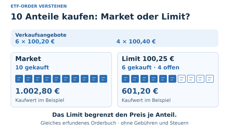 Im selben erfundenen Orderbuch kauft Market zehn Anteile für 1.002,80 €. Ein Kauf-Limit von 100,25 € kauft sechs Anteile für 601,20 €; vier bleiben offen.