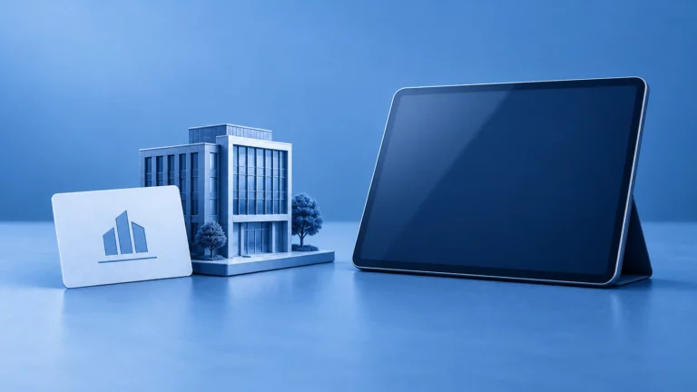 Firmenmodell und einzelne Anteilskarte neben einem Tablet.