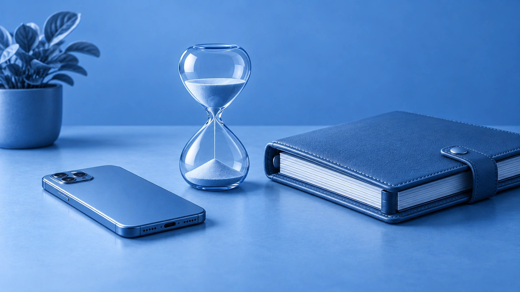 Ein umgedrehtes Smartphone liegt neben einer Sanduhr und einem geschlossenen Planungsordner.
