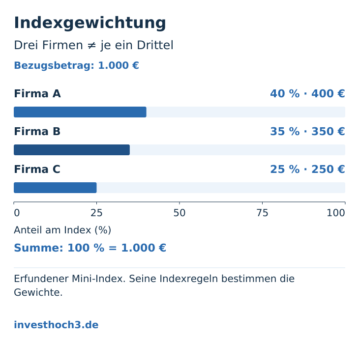 Erfundener Mini-Index: A hat 40 Prozent bzw. 400 Euro, B 35 Prozent bzw. 350 Euro und C 25 Prozent bzw. 250 Euro bei 1.000 Euro Bezugsbetrag. Alle Balken nutzen dieselbe Skala von 0 bis 100 Prozent; die Gewichte ergeben 100 Prozent.