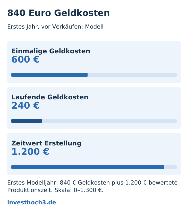 600 Euro einmalige Geldkosten, 240 Euro laufende Kosten und 1.200 Euro Zeitwert für die Erstellung.