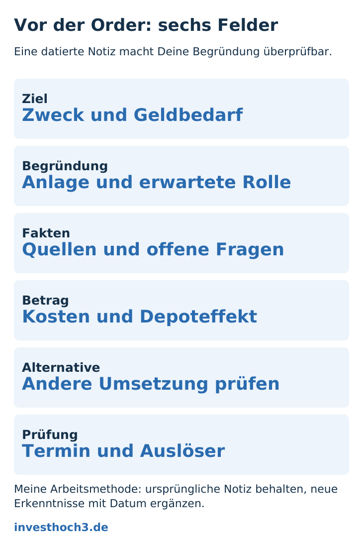 Sechs Journalfelder vor einer Order: Ziel, Begründung, Fakten, Betrag, Alternative und nächste Prüfung.
