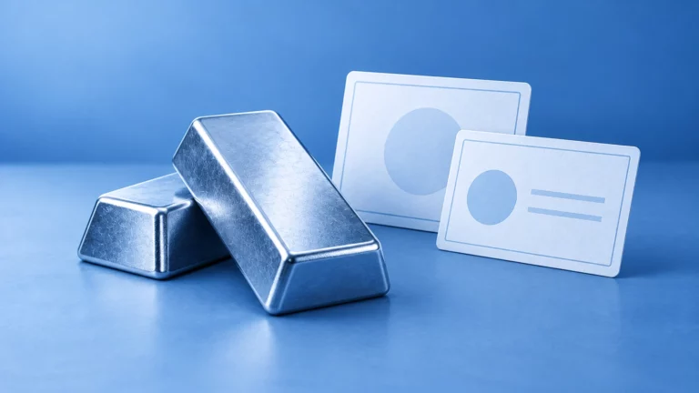 Edelmetallbarren neben neutralen Wertpapierkarten.