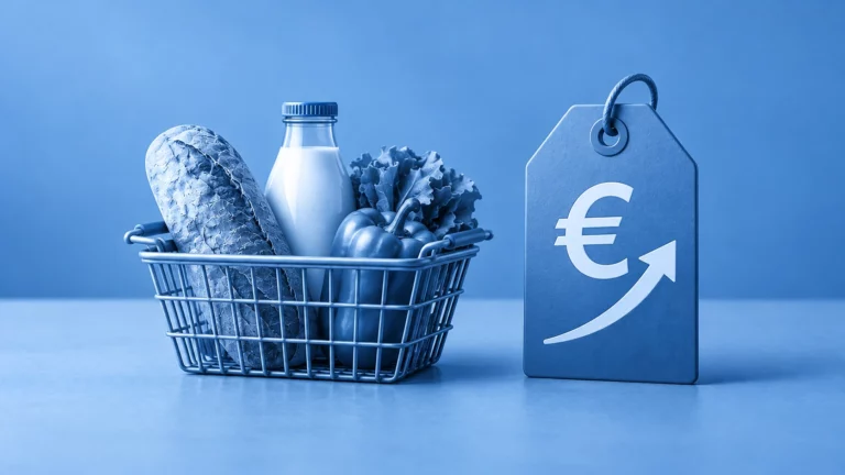 Blauer Lebensmittelkorb neben einem Euro-Preisschild mit steigendem Pfeil.