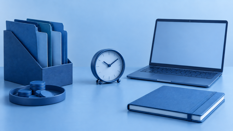 Blaue Dokumentenablage mit Münzscheiben, eine Uhr sowie Laptop und Arbeitsbuch als Symbole für Kapitalerträge und eigene digitale Produkte.