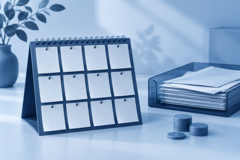 Blauer Tischkalender neben Rechnungen und zurückgelegten Münzen.
